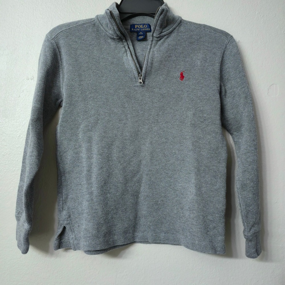 Polo Ralph Lauren Kids Gray Quarter Zip Ribbed Sweater Pony Logo Size M 10-12